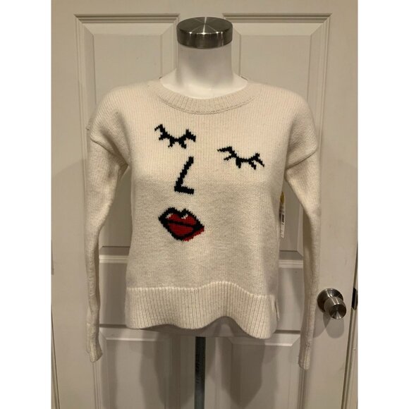 Madewell Cream Cropped Knit Sweater W/ Face Lips Smile, Size XS - Picture 1 of 8